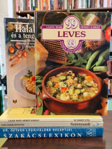 Frank J�lia  Hemz�,K�roly -Lajos,Mari (szerk.) - Gasztron�mia k�nyvcsomag 5 darabos K�NYVMENT� AJ�NLAT: Sz�rnyasok /levesek,el��telek,kedvelt f��telek..., Szak�cslexikon (Dr. Oetker legkiv�l�bb receptjei), 99 leves 33 sz�nes �telfot�val, 99 �nnepi �tel, Halak, r�kok �s a tenger