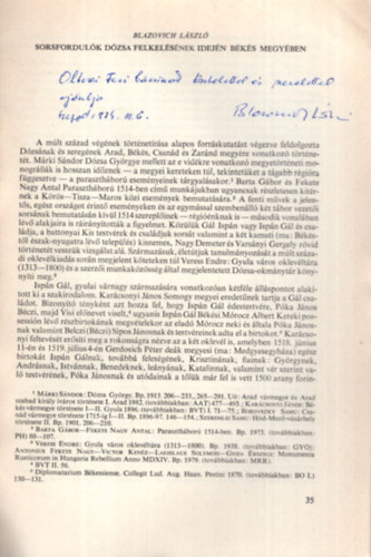 Blazovich Lszl - Sorsfordulk Dzsa felkelse idejn Bks megyben - Klnlenyomat - Dediklt