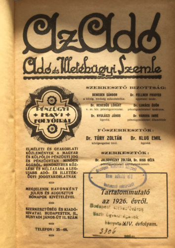 Dr. Dr. Klug Emil Túry Zoltán - Az adó - Adó és Illetékügyi Szemle - 1926 (XIV. évf.)