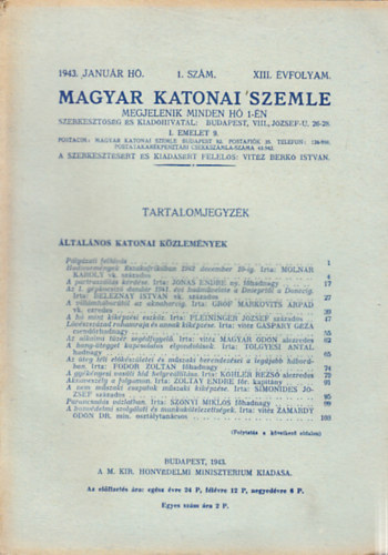 Vitéz Berkó István (szerk.) - Magyar Katonai Szemle 1943. január (XIII. évf, 1. szám)