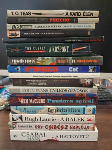 T. O. Teas, Robert Bloch, Alistair MacLean, Adam Kennedy, Tom Clancy, Sringer Kroly, Arthur Herzog, Allen Sharp, Colin Evans, Georges Simenon, Ken McClure, Ken McClure, Csabai Mrk Giuseppe Fava - 17 db-os krimi knyvcsomag: Szicliai maffia, A kard ln, Pszicho, Hall a Forma-1-en, A domin-elv, A kzpont, Indul az n barkterhzam, Cet