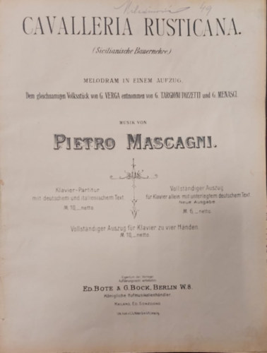 Pietro Mascagni - Cavalleria rusticana - Parasztbecslet (kotta)