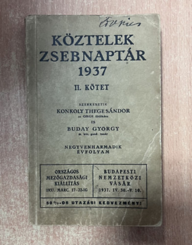 Konkoly Thege Sándor - Köztelek zsebnaptár 1937 II. kötet