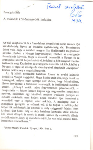 Pomogáts Béla - A második költőnemzedék indulása - dedikált, Különlenyomat