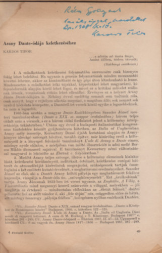 Kardos Tibor - Arany Dante- �d�ja keltkez�s�hez