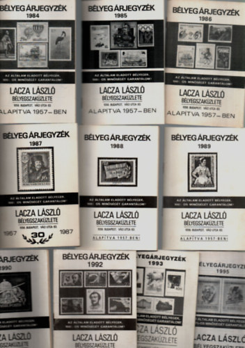 10 db Blyegrjegyzk Lacza Lszl blyegszakzlete 1984, 1985, 1986, 1987, 1988, 1989, 1990, 1992, 1993, 1995.