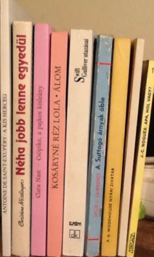 9 db ifj�s�gi k�nyv: Saint-Exup�ry:A kis herceg+N�stlinger:N�ha jobb lenne egyed�l+Nast:Cs�pike,a pajkos kisle�ny+Kos�ryn�:�lom+Swift:Gulliver utaz�sai+Lawrence:A Suttog� �rnyak �ble+Wodehouse:Ny�ri zivatar+Norby:Holly,a b�lv�ny+No
