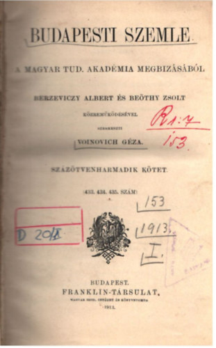 Voinovich Gza - Budapesti Szemle 153. ktet ( 433., 434., 435. szm )
