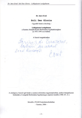 Dr. Imre Ernő - Soli Deo Gloria - Egyedül Istené a dicsőség (dedikált)