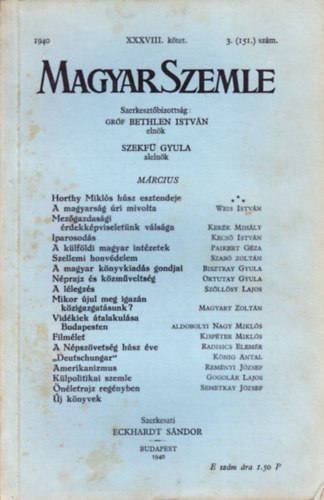 Bethlen Istvn grf - Magyar Szemle 1940. mrcius XXXVIII. ktet 3. (151.) szm