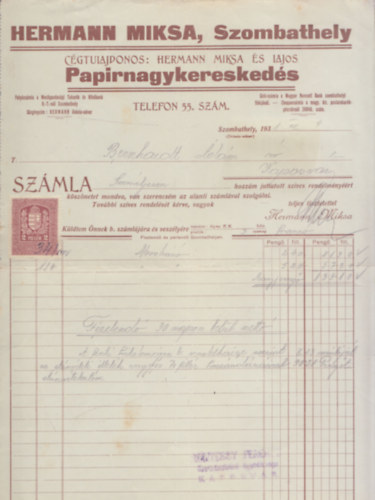 Sz�mla - Hermann Miksa Pap�rnagykeresked�s (1931)