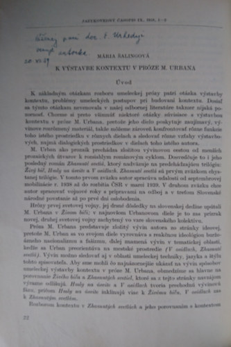 Mária Šalingová - K výstavbe kontextu v próze M. Urbana (JAZYKOVEDNÝ ČASOPIS IX, 1958, 1-2)