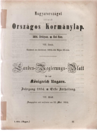 Magyarországot illető Országos Kormánylap 1854. évfolyam. Első rész