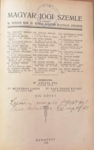 Dr. Angyal Pl - Magyar jogi szemle 1938. XIX. ktet