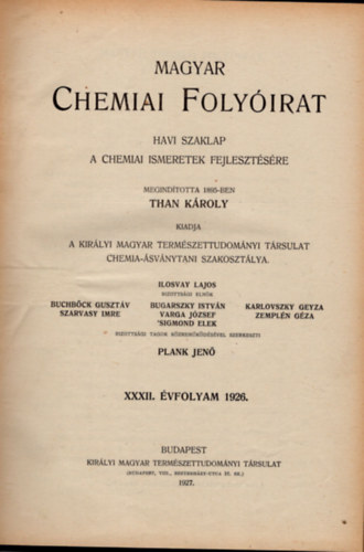 Plank Jen  (szerk.) - Magyar chemiai folyirat 1926. 1-12. (teljes vfolyam, egybektve)