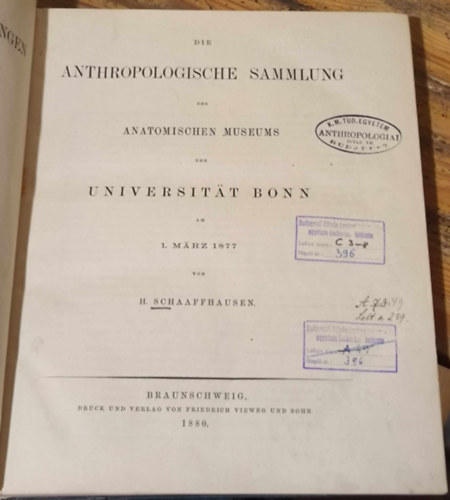 Die Anthropologische Sammlung des Anatomischen Museums der Universitt Bonn ("A Bonni Egyetem Anatmiai Mzeumnak antropolgiai gyjtemnye" nmet nyelven) (1880)
