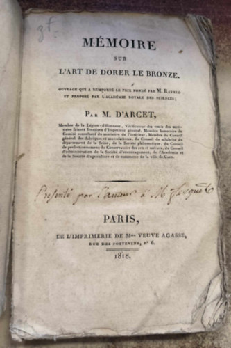 Mémoire sur l'art de dorer le bronze ("Értekezés a bronz aranyozásának művészetéről") (1818)