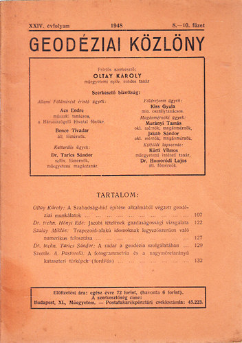 Oltay Károly - Geodéziai közlöny 1948/8-10. füzet