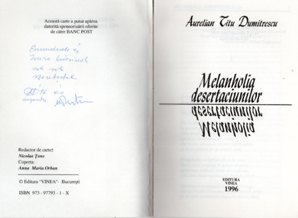 Aurelian Titu Dumitrescu - Melancholia desertaciunilor- dedik�lt