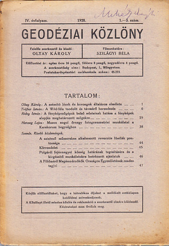Oltay Kroly - Geodziai kzlny 1928/1-3. szm