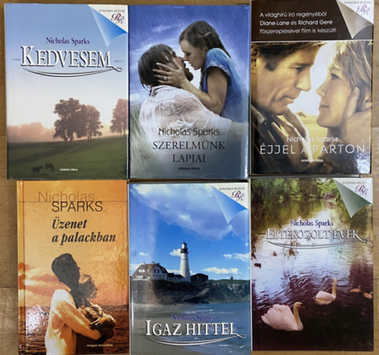 Nicholas Sparks - 6 db romantikus Nicholas Sparks reg�ny - Kedvesem, Szerelm�nk lapjai, �jjel a parton, �zenet a palackban, Igaz hittel, Elt�kozolt �vek