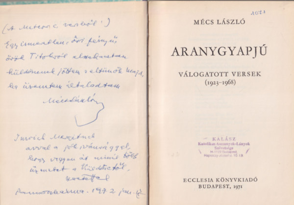 Mcs Lszl - Aranygyapj - vlogatott versek  (1923-1968) - Dediklt
