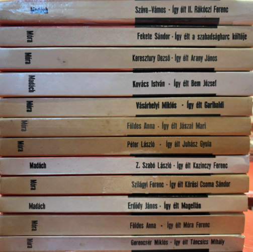 Így élt sorozat 12 könyv (Így élt II. Rákóczi Ferenc, a szabadság költője, Arany János, Bem József, Garibaldi, Jászai Mari, Juhász Gyula, Kazinczy Ferenc, Kőrösi Csoma Sándor, Magellán, Móra Ferenc, Táncsics Mihály)