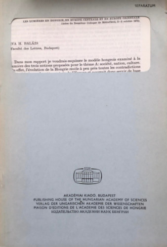 H. Bal�zs �va - Les Lumieres en Hongrie, en Europe Centrale et en Europe Orientale