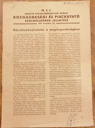 M. T. I. Magyar Kzvlemnykutat Intzet kzgazdasgi s piackutat szolglatnak jelentse 1946. december 26.