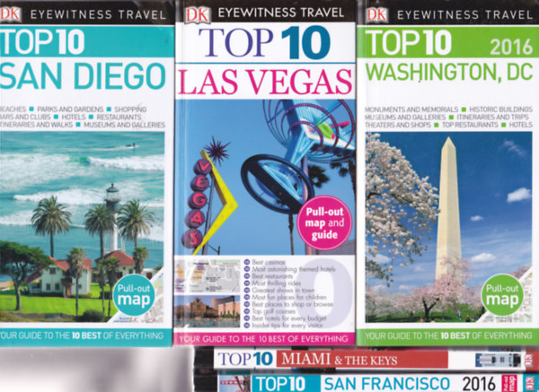 5 db TOP10 (Eyewitness Travel sorozat - angol nyelv�ek, pull-out maps = t�rk�pmell�kletekkel!): Miami & the Keys + Wahington, DC + Las Vegas +  San Francisco + San Diego