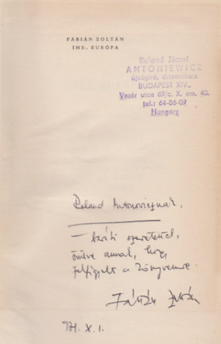 F�bi�n Zolt�n - �me, Eur�pa (Napl� helyett) (Dedik�lt)