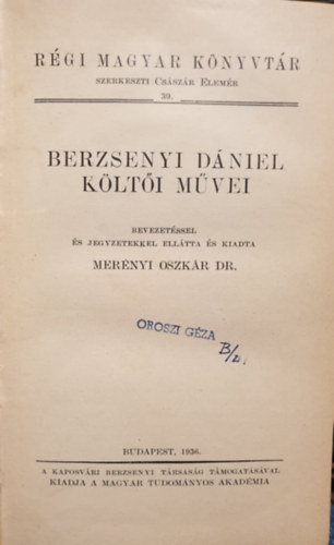 Mer�nyi Oszk�r dr.  (szerk.) - Berzsenyi D�niel k�lt�i m�vei