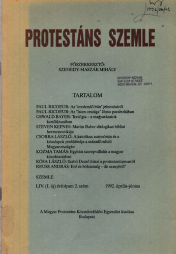 Szegedy-Maszk Mihly  (fszerk.) - Protestns szemle   LIV.(I.j) vfolyam 2.szm 1992.prilis-jnius