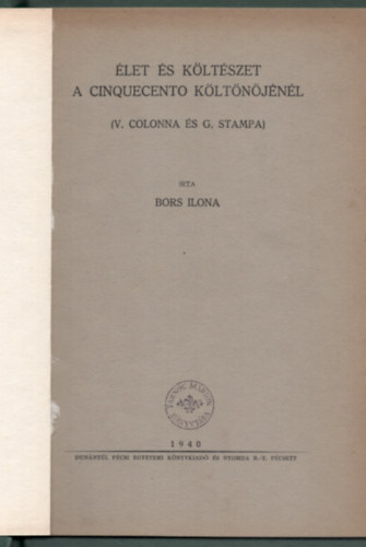 Bors Ilona - let s kltszet a cinquecento kltnjnl (V. Colonna s G. Stampa)
