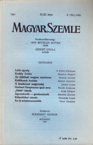 Bethlen Istvn grf - Magyar Szemle 1942. december XLIII. ktet 6. (184.) szm