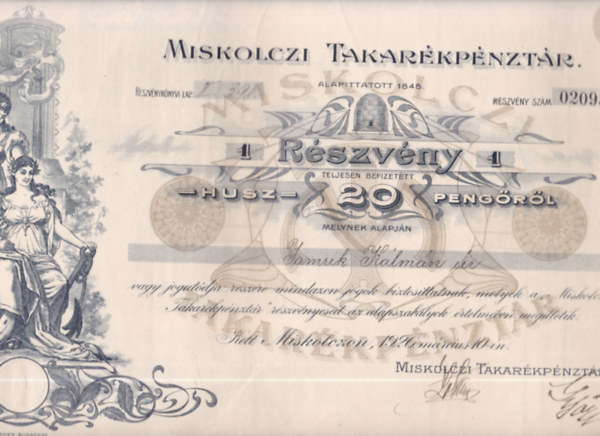 Miskolczi Takar�kp�nzt�r r�szv�nye (t�rt�nelmi �rt�kpap�r, eredeti)