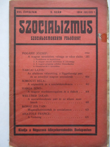 Kunfi Zsigmond  (szerk.) - Szocializmus (Szocildemokrata folyirat) 1914 Jnius 1. 8.szm