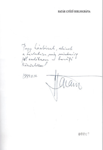 Molnár István - Határ Győző bibliográfia - Dedikált, számozott 0007. sz.