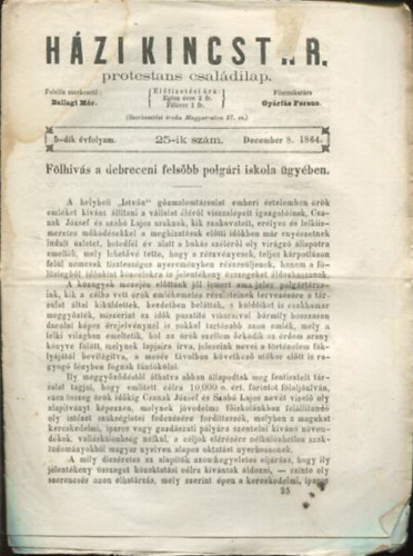 Gyárfás Ferenc Ballagi Mór (szerk.) - Házi kincstár. Protestáns családi lap. 5-dik évfolyam. 25-ik szám. December 8. 1864.