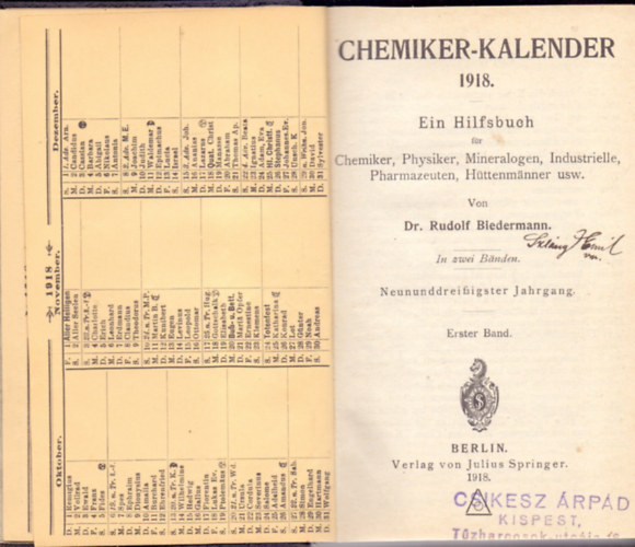 Dr. Rudolf Biedermann - Chemiker-Kalender 1918. - Ein Hilfsbuch (I-II.)
