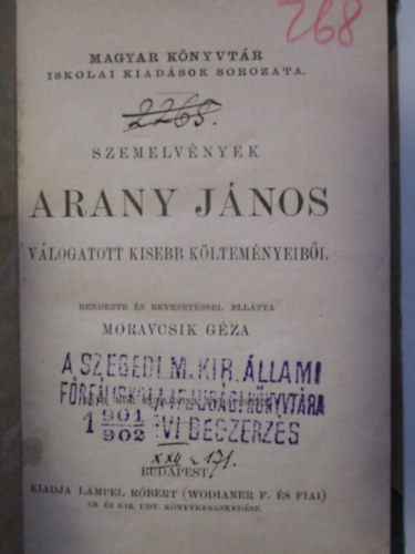 Moravcsik G�za - Szemelv�nyek Arany J�nos kisebb k�ltem�nyeib�l