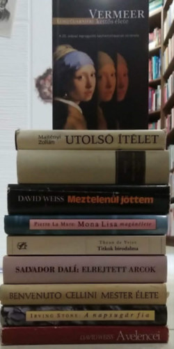 Luigi Guarnieri, Feuchtwanger, David Weiss, Pierre La Mure, Theun de Vries, Salvador Dal�, Benvenuto Cellini, Irving Stone Majt�nyi Zolt�n - 10 db-os K�NYVMENT� AJ�MLAT, fest�i �letrajz: Vermeer kett�s �lete+ Utols� �t�let+ Goya+ Meztelen�l j�ttem+ Mona Lisa mag�n�lete+ Titkok birodalma+ Elrejtett arcok+ Cellini mester �lete+ A napsug�r fia+ A velencei