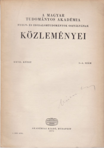 A Magyar Tudomnyos Akadmia kzlemnyei XXVII. ktet, 3-4. szm