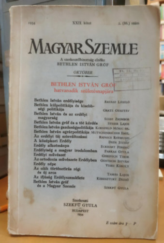 Szekf Gyula  (Szerk.) - Magyar Szemle 1934. november XXII. ktet 2. (86.) szm
