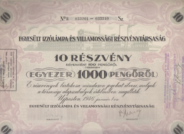 Egyes�lt Izz�l�mpa �s Villamoss�gi R�szv�nyt�rsas�g r�szv�nye (t�rt�nelmi �rt�kpap�r, eredeti)