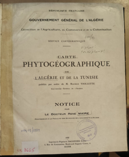 Carte phytogographique de l'Algrie et de la Tunisie ("Algria s Tunzia nvnyfldrajzi trkpe" francia nyelven) (1926)
