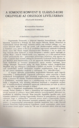 Komjthy Mikls - A Somogyi Konvent II. Ulszl-kori oklevelei az Orszgos Levltrban - Klnlenyomat  ( Levltri vknyv 11.sz. )