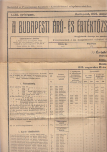 A Budapesti r- s rtktzsde hivatalos rjegyz lapja 186. szm (1926. augusztus 19.)