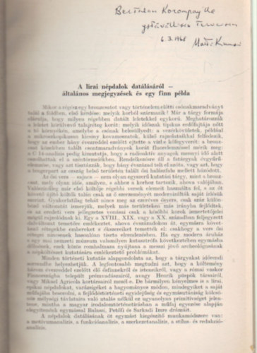 Kuusi Matti - A lírai népdalok datálásáról - Különlenyomat - dedikált