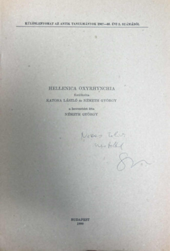 N�meth Gy�rgy  (ford.) Katona L�szl� (ford.) - Hellenica Oxyrhynchia - K�l�nlenyomat